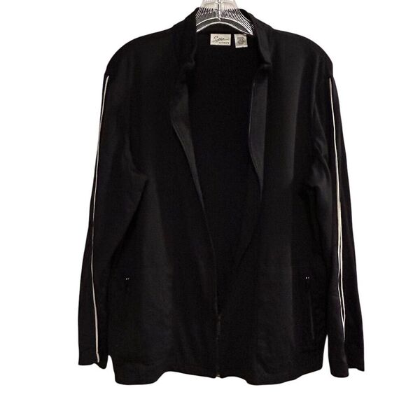 Spa by Chico's Women's Black Jacket Size 2 with White Piping Casual - Picture 11 of 12
